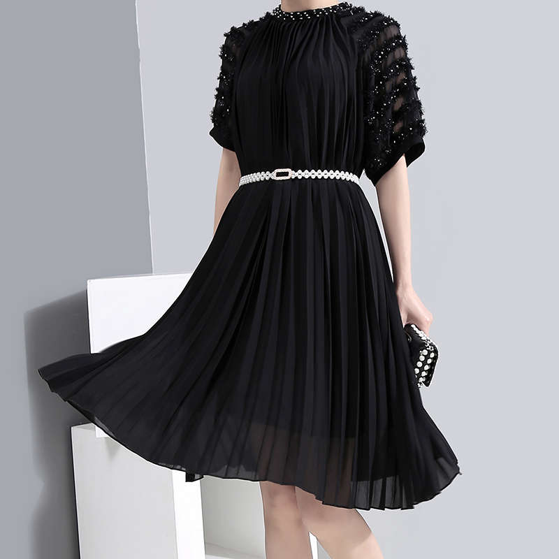 Elegant Beads Sleeved Black Chiffon Pleated Drop Waist Hem Dress - ANJE ...